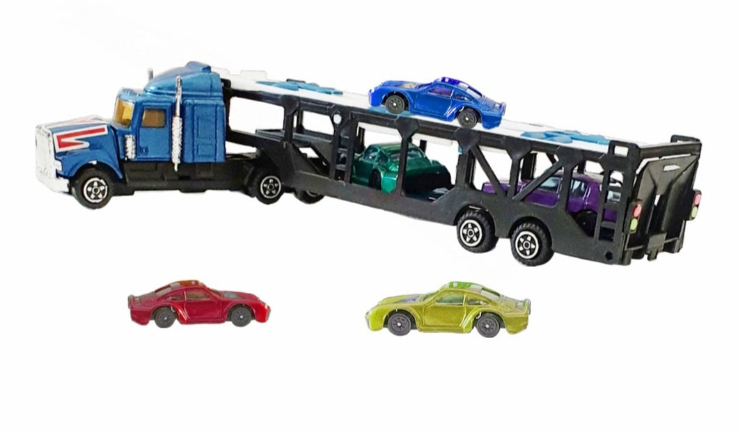 Vintage Die-Cast Truck Transporter and Cars Set - Blue