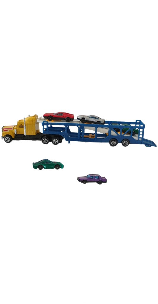 Vintage Die-Cast Truck Transporter and Cars Set - Yellow